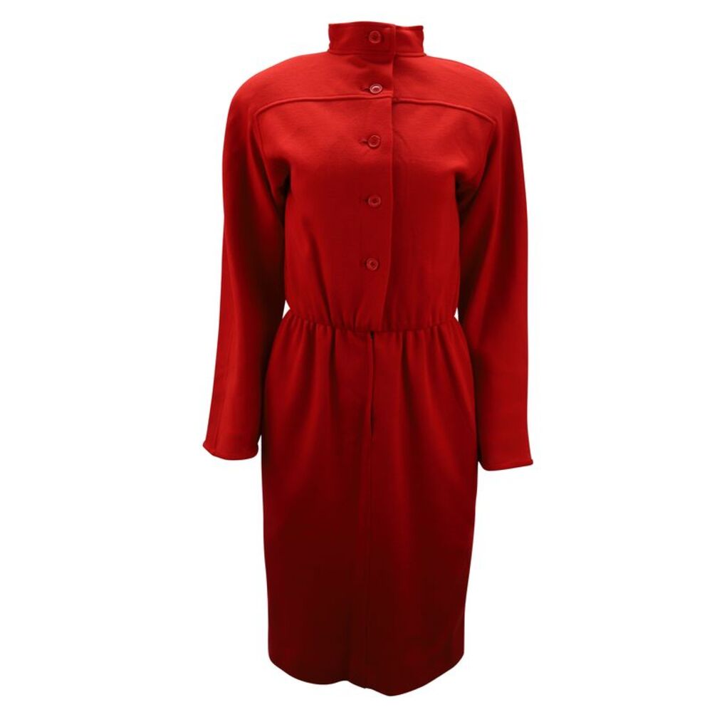 Oscar De La Renta Long Sleeve Buttoned Midi Dress in Red Wool